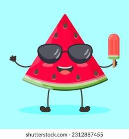El carácter de la sandía roja de verano en gafas y helados. Ilustración vectorial de diseño plano de la sandía roja