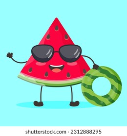 Cute red summer watermelon character wearing glasses and swimming rings. Flat design vector illustration of red watermelon