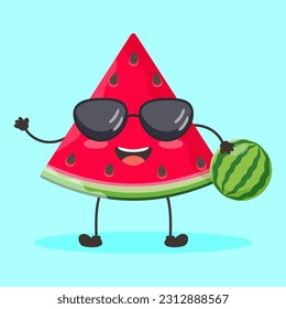 Cute red summer watermelon character in glasses and with a ball. Flat design vector illustration of red watermelon
