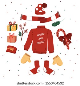 Cute red Sweater and winter Christmas elements decoration vector  new year holiday mood hand drawn icons set isolated vector illustration on white background