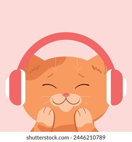 Cute red tabby cat in headphones. Cat listening to music with closed eyes. Cute cartoon character. Vector illustration