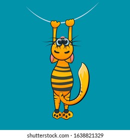 Cute red tabby cat hung on a clothesline. Cartoon character. Funny kids toy.