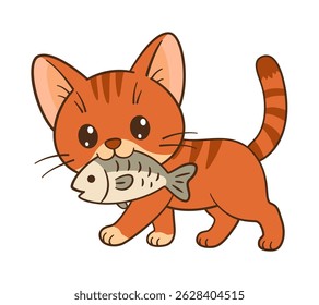 Cute red tabby kitten carries a fish in its mouth. Hand drawn funny and soulful style. Ideal for children's book, educational material, nursery decoration, greeting card, stickers, Vector illustration