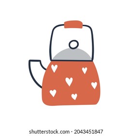 Cute red teapot isolated on white background. Hand drawn kettle illustration.