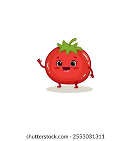 Cute red tomato, cartoon character. Vegetable illustration. Tomato in flat style. Food illustration for kids. Vector
