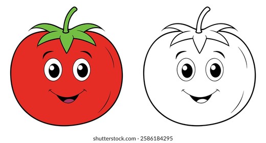 Cute Red Tomato Cartoon Character Coloring Book For Kids Printable Vector