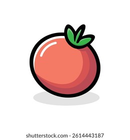 Cute red tomato vector with bold outline and leaf on white background.