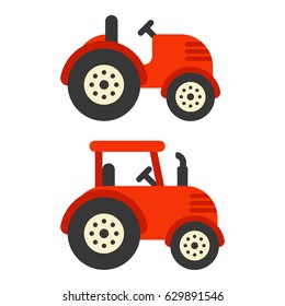 Cute red tractor illustration in flat vector style. Isolated agricultural equipment icon.