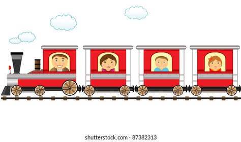 cute red train and cheerful cartoon family