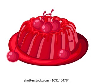 Cute red transparent cherry jelly pie on a plate fruit gelatin dessert decorated cherry vector illustration isolated on white background web site page and mobile app design.