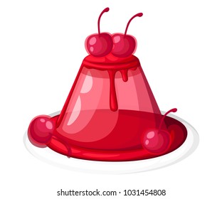 Cute red transparent cherry jelly on a plate fruit gelatin dessert decorated cherry vector illustration isolated on white background web site page and mobile app design.