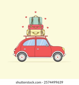 Cute Red Travel Car with Three Colourful Suitcases on Top Vector Illustration. 