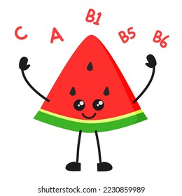 Cute red triangular watermelon character with vitamins hand drawn vector illustration on a white background
