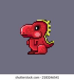 Cute red tyrannosaurus dinosaur in old pixel style for video games. Vector illustration of a cartoon character. Jurassic period in 8 bit style. Paleontology for children. Wild animals before our era.