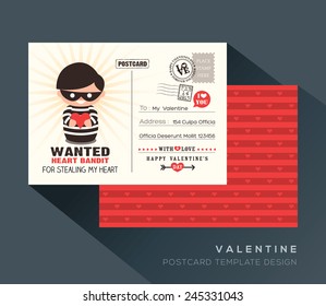 Cute Red Valentine Heart Bandit postcard card design Vector Template