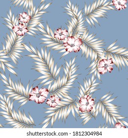 flores vectoriales rojas lindas con un patrón de hojas crema en fondo azul