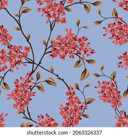cute red vector small flowers with brown leaves pattern on blue background