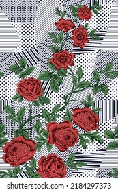 cute red vector stock flowers with green leaves pattern on navy retro negative and stripe pattern of white