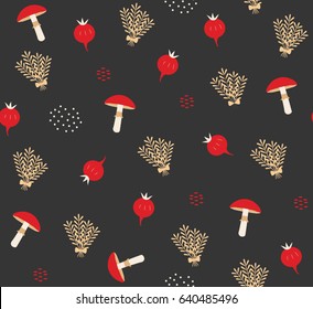 Cute red vegetable radish tomato mushroom and leaves with dots design on black background pattern seamless backdrop wallpaper. Vector image
