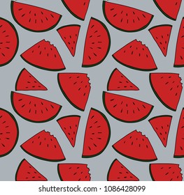 Cute red watermelon cut seamless wallpaper pattern. Vector illustration. juicy red. summer. Gray background.