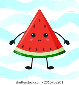 Cute red watermelon with kawaii eyes. Flat design vector illustration of red watermelon	