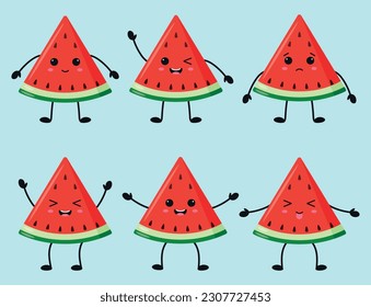 Cute red watermelon set with kawaii eyes. Flat design vector illustration of red watermelon on blue background.