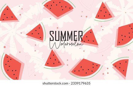 Cute red watermelon slice design on striped blue background seamless pattern wallpaper backdrop. Vector art