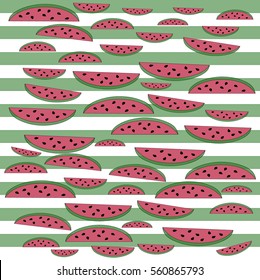 Cute red watermelon slice design on green striped  background  wallpaper backdrop. Vector art