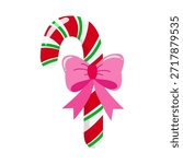 Cute Red and White Candy Cane with green stripe and Pink Ribbon