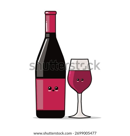 Cute red wine bottle and glass with happy faces