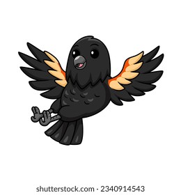 Cute red winged black bird cartoon flying