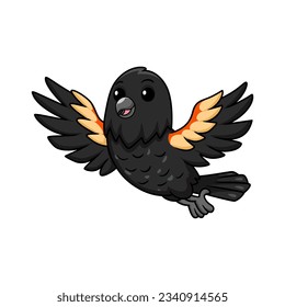 Cute red winged black bird cartoon flying