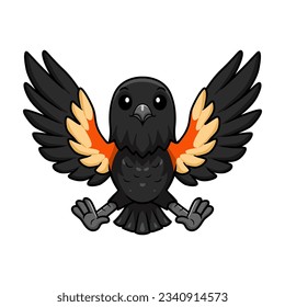 Cute red winged black bird cartoon flying
