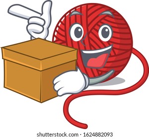 Cute red wool yarn cartoon character having a box