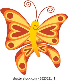 Cute red and yellow butterfly with long curly antennae and beautiful wings decorated with balls and hearts while floating and smiling animatedly