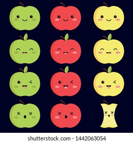 cute red, yellow and green apples with different emotions