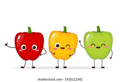 Cute red yellow and green sweet pepper characters. Cartoon vegetable vector illustration