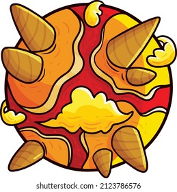 Cute red yellow mountainous planet cartoon illustration