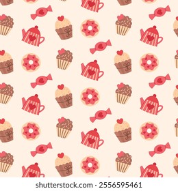 Cute red and yellow romantic love seamless pattern with teapot, cupcake, candy, donut, sweets, desserts, hearts. Vector background for valentine's day.