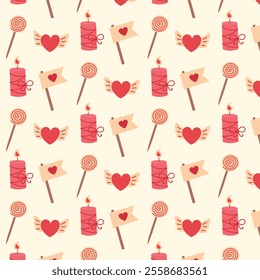 Cute red and yellow romantic love seamless pattern with flag, candle, lollipop, candy, heart. Vector background for valentine's day.