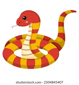 Cute red and yellow snake. Colorful suffocating reptile. Chinese New Year symbol. Funny snake character isolated on white background. Vector illustration for card, sticker, calendar.