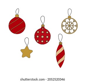 Cute red and yellow vintage Christmas balls ant toys, bauble set. Childish flat vector illustration for card design, icon.
