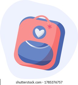 Cute red-blue backpack vector flat illustration on blue background. Nice girl stuff stylization. Knapsack back to school.