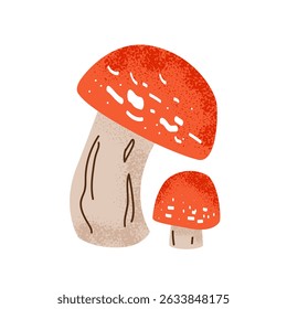 Cute red-capped amanita forest mushrooms. Flat trendy illustration. Seasonal mushroom products, poisonous plants.