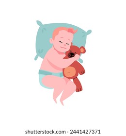 Cute red-haired baby boy in diaper sleeping and hugging bear toy flat style, vector illustration isolated on white background. Decorative design element, nice child, infancy