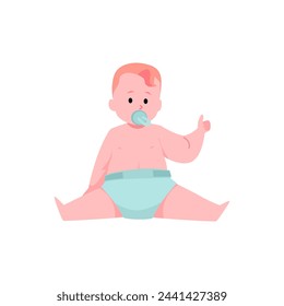 Cute red-haired baby boy in diaper and with pacifier shows class gesture flat style, vector illustration isolated on white background. Decorative design element, nice child, infancy