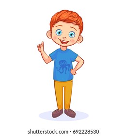 Cute red-haired boy with a raised index finger in  attention gesture. Funnyl kids vector illustration on white background.