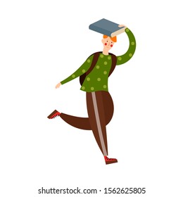 Cute red-haired boy running with the book over the head on a rainy day. Vector illustration in flat cartoon style.