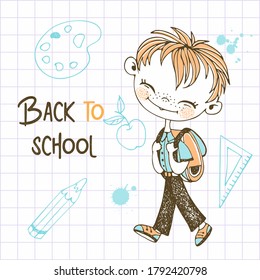 Cute red-haired boy with a school backpack goes to school. Back to school. Vector.