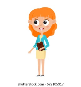 Cute red-haired business woman in stylish clothes isolated on white. Vector illustration of happy standing stylish woman used for magazine, book, poster, card.